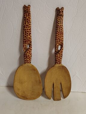 Primitive Hand Carved Giraffe Spoon Fork Salad Serving Utensils Vintage Wood 11"